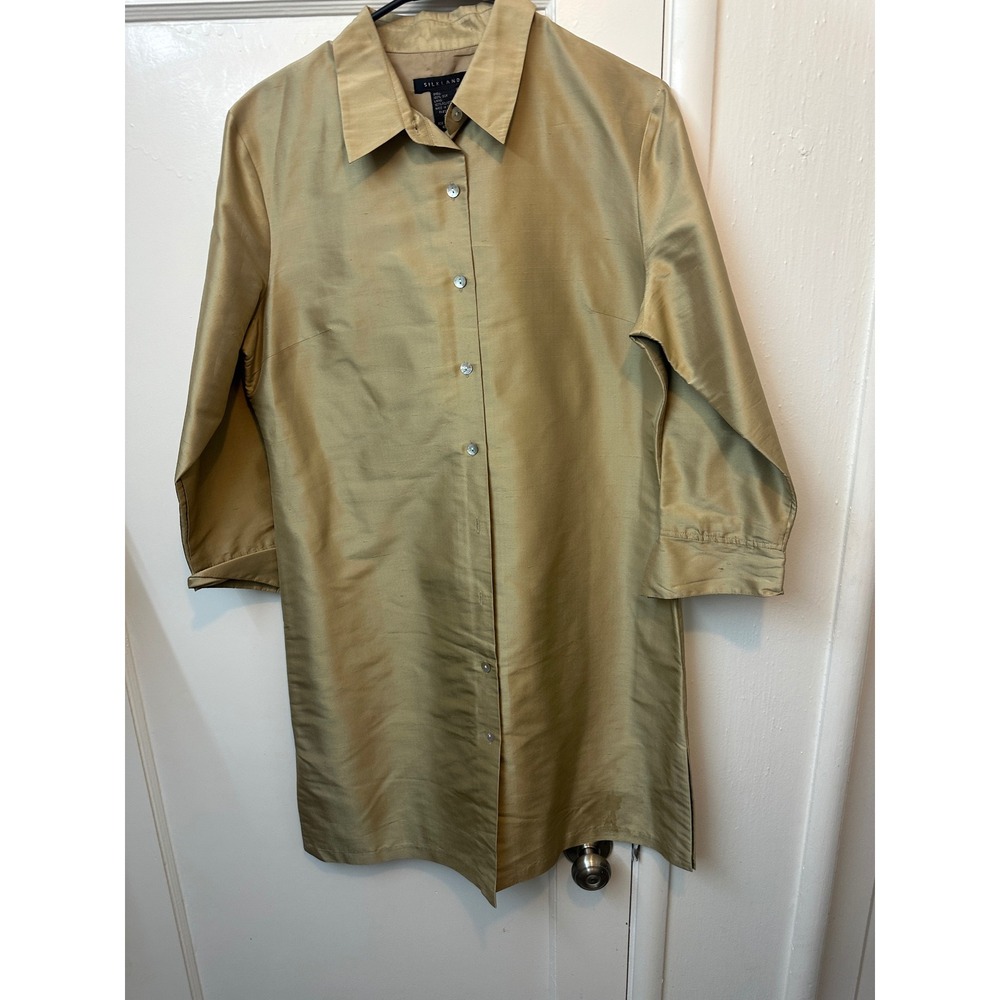 Silkland Womens Raw Silk Longline Shirt Jacket Gold Champagne Tunic Duster Med